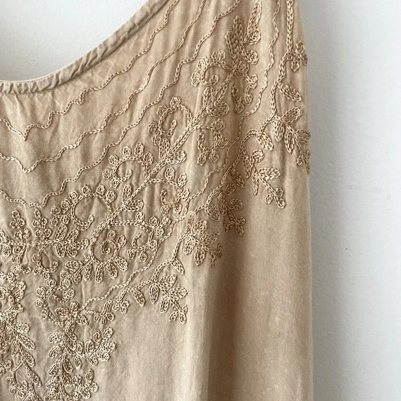 Boho Beige Embroidered Tank Top L Festival Cottagecore Fairy Hippie Button Strap - Picture 4 of 10